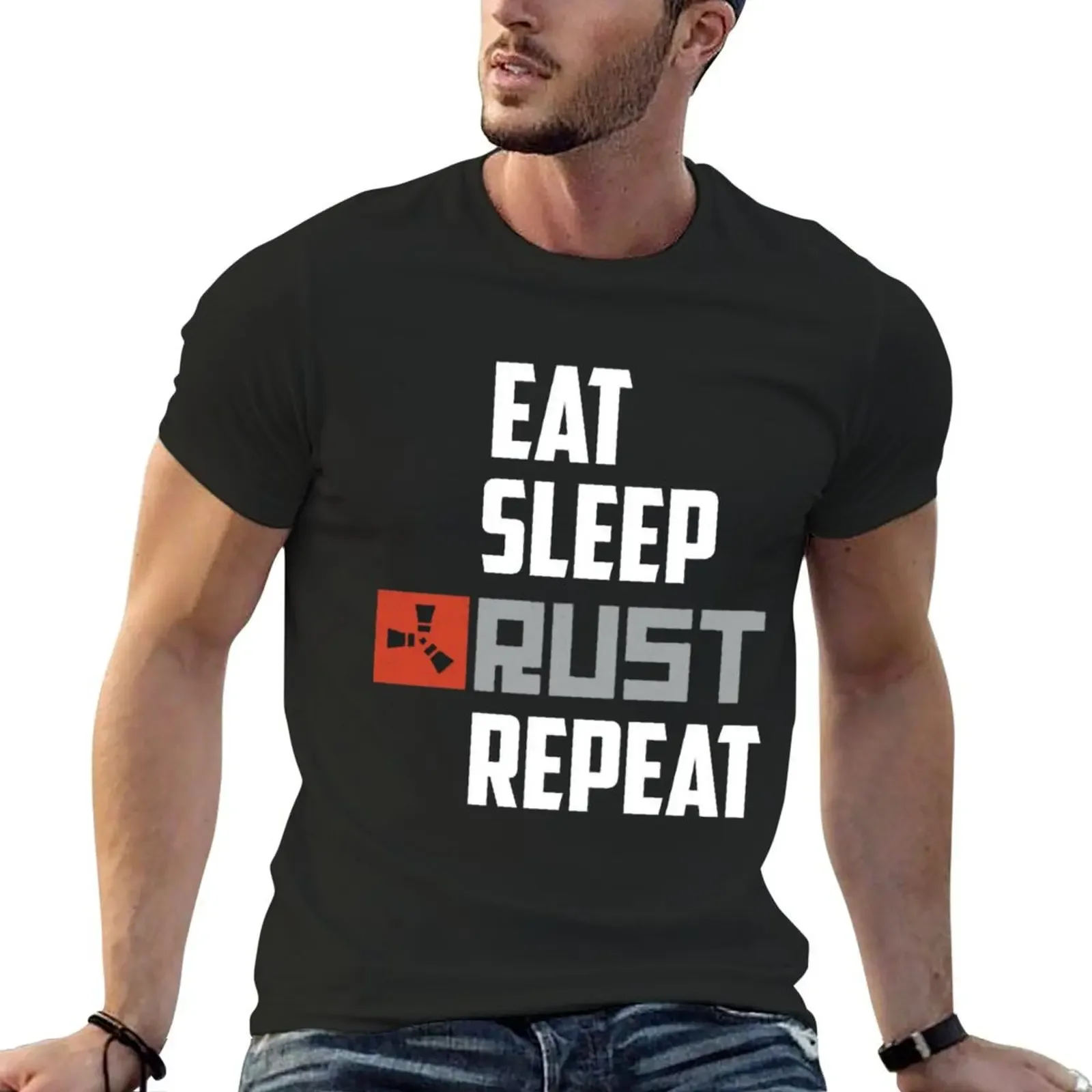 

Eat Sleep Rust Repeat White Text T-shirt summer top heavyweights Short sleeve tee mens graphic t-shirts hip hop