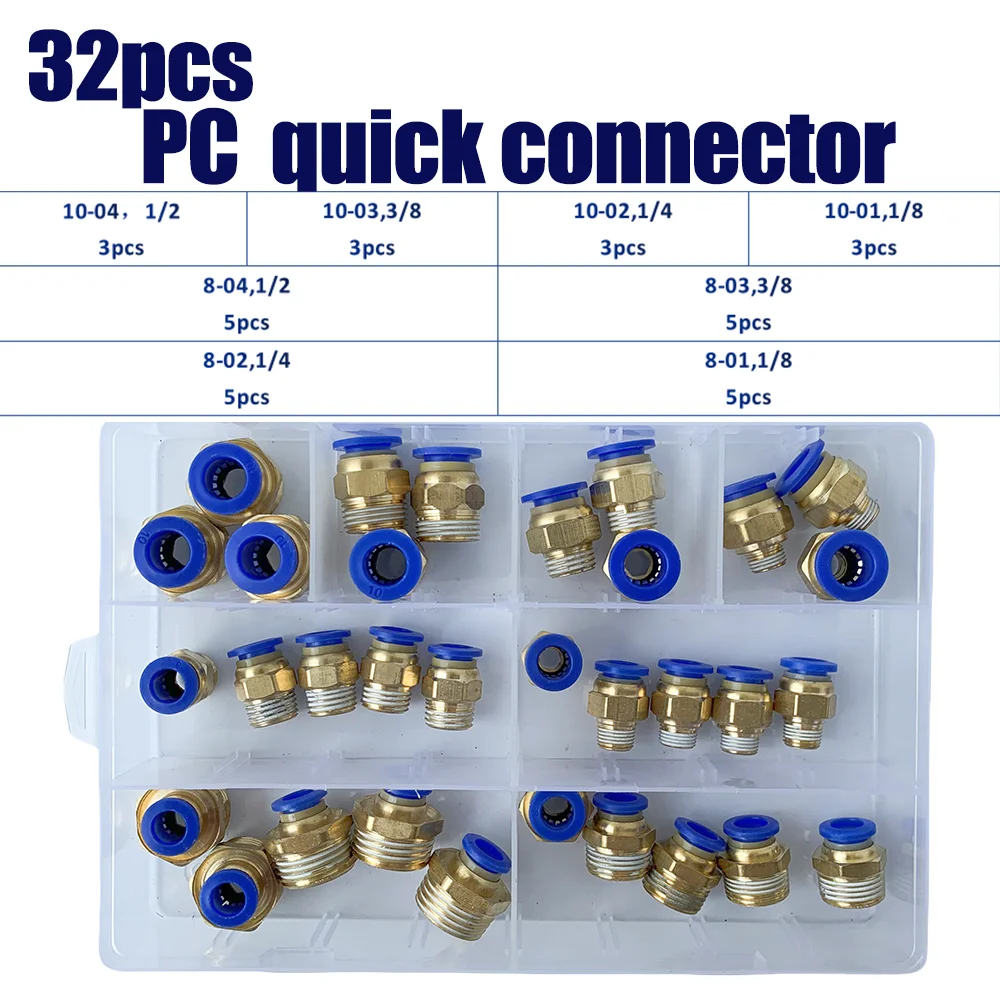 

32pcs PC Pneumatic Quick Release Fitting Connector 8mm10mm OD Hose Tube to 1/8 1/4 3/8 1/2 Thread Air Compressor Joint Coupler