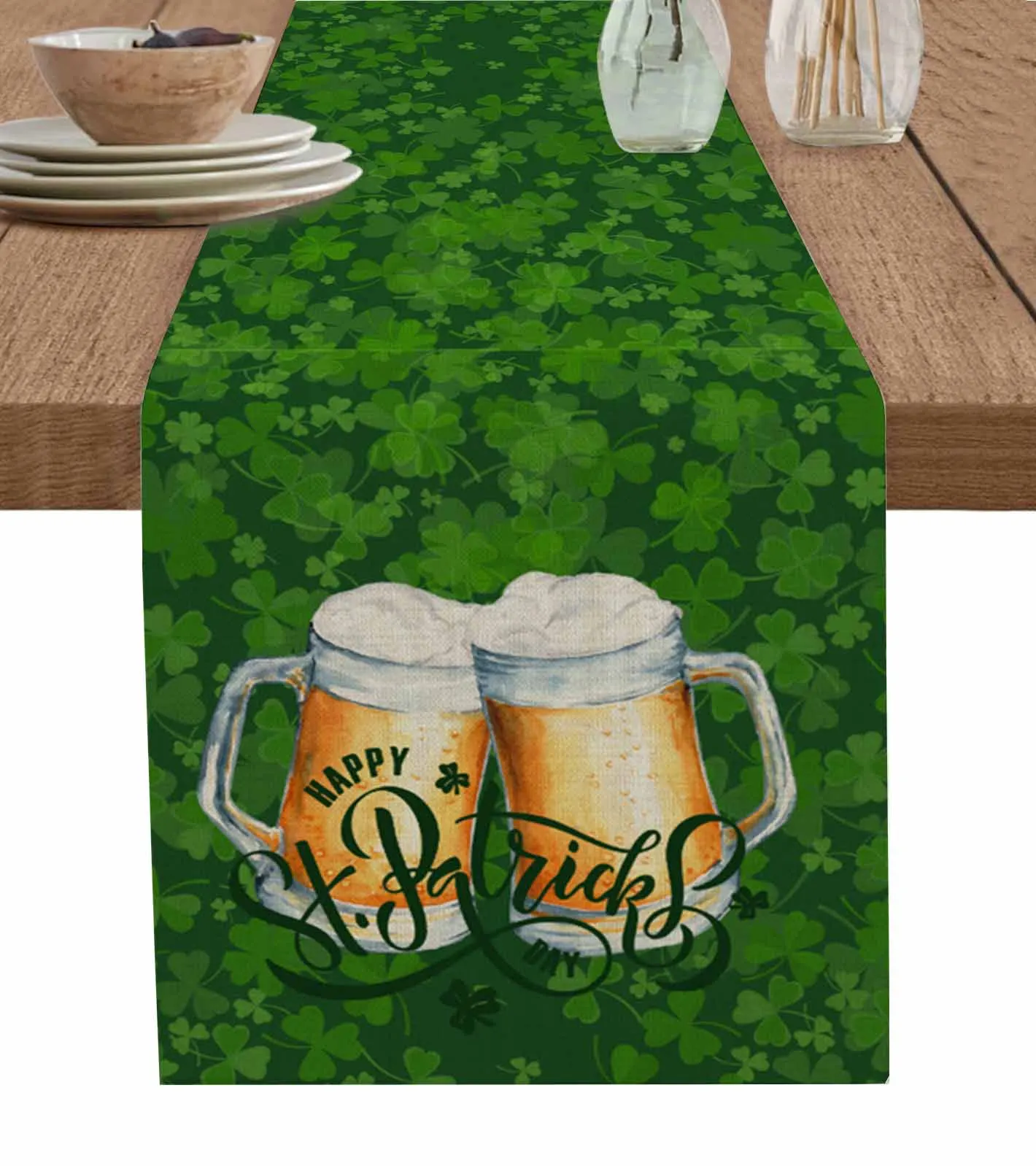 

St. Patrick'S Day Watercolor Clover Beer Wedding Table Runner Kitchen Placemats Party Home Decor Festival Holiday Tablecloth