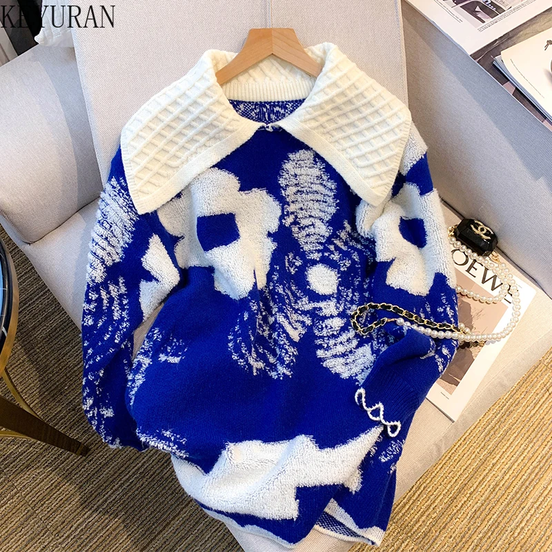 New Autumn Winter Blue Floral Pullovers Sweater Women Korean Fashion Long Sleeve Laple Loose Knitted Sweaters Pull Femme Jumpers
New Autumn Winter Blue Floral Pullovers Sweater Women Korean Fashion Long Sleeve Laple Loose Knitted Sweaters Pull Femme Jumpers