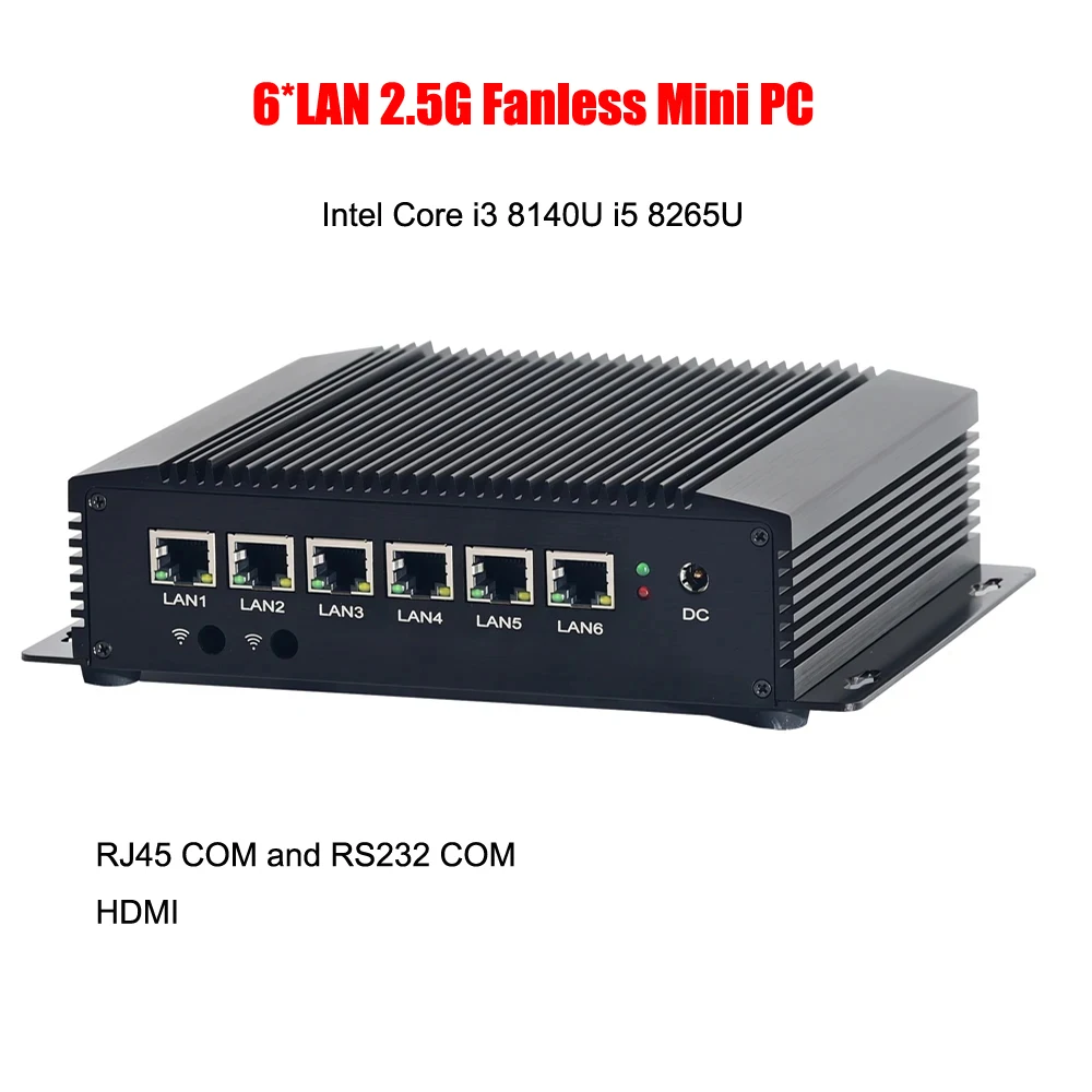 

6*2.5G LAN I225-V Industrial Fanless Mini PC 2*COM Windows11 HDMI Desktop Computer Intel Core i3 8140U i5 8265U Celeron 5205U