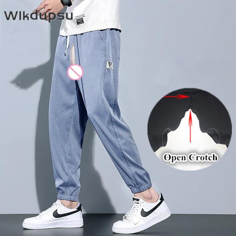 

Fashion Sexy Invisible Double Zippers Open Crotch Jeans Men Jogger Thin Harem Korean Hip Hop Elastic Waist Trousers Plus Size