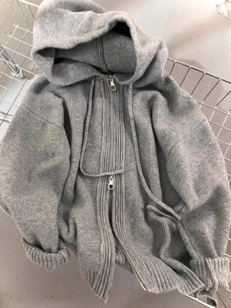 

Gray Hooded Sweater Coat Women Spring Autumn Double Zipper Long Sleeve Loose Knitted Cardigans Simple All-matched Hoodies