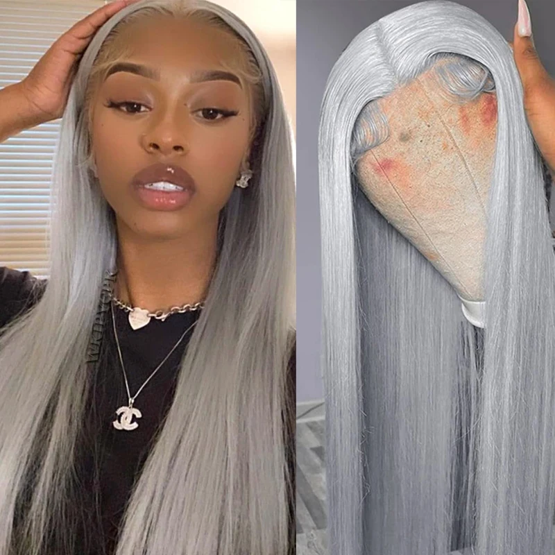 

Silver Gray Straight Lace Front Wig Human Hair 13x4 HD Preplucked 200density Wigs Ash Blonde Wigs Lace Frontal Human Hair Wig