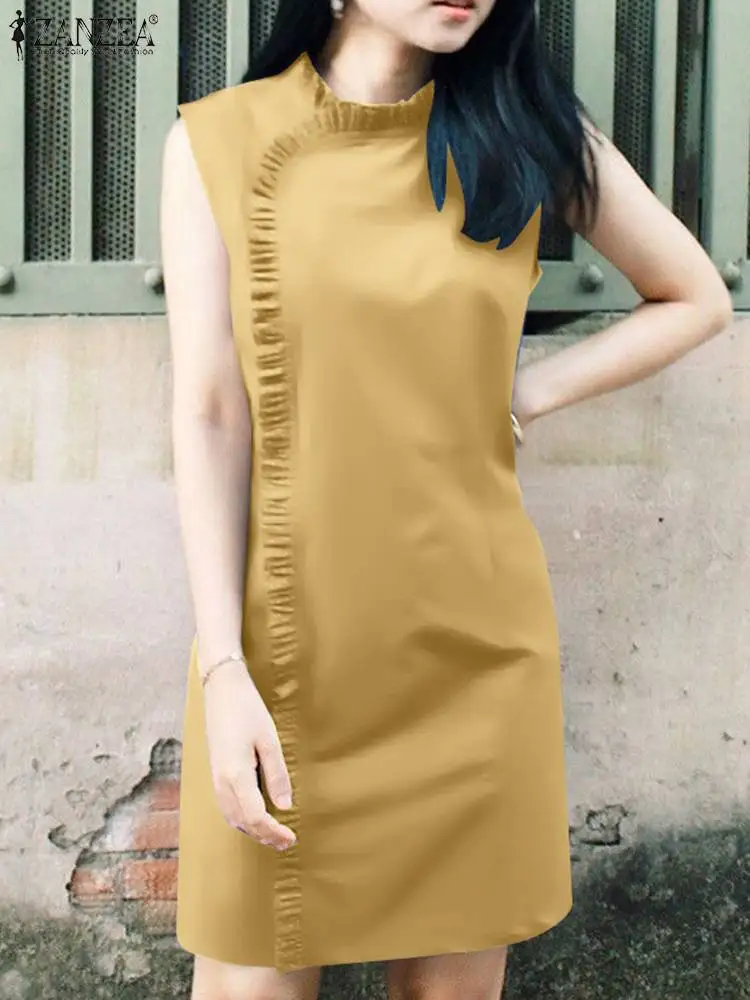 

ZANZEA 2024 Summer Sleeveless Tank Sundress Korean Fashion Dress Women Vintage Ruffled Stitching Dress Sweety Stand Collar Robe