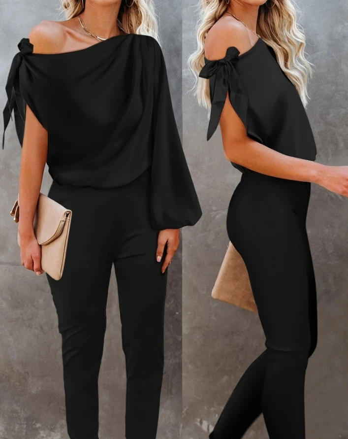 

Jumpsuit Women Summer Fashion Asymmetrical Neck Tied Detail Casual Plain Long Sleeve Daily Long Jumpsuit Y2K Streetwear