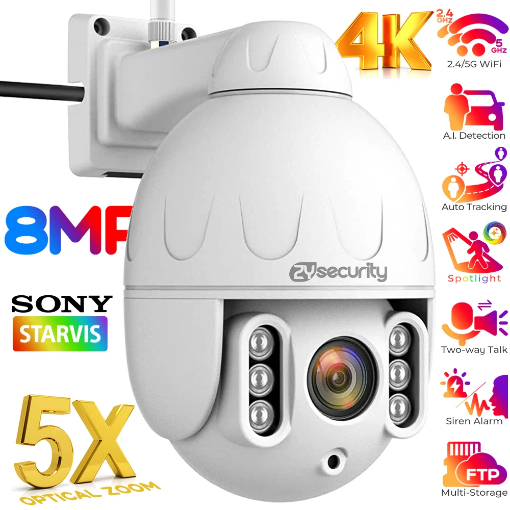 8MP 4K WiFi PTZ Camera 5X Optical Zoom Outdoor 4K Sony IMX415 Auto Tracking IP Camera Color Night Vision Audio CCTV Surveillance
8MP 4K WiFi PTZ Camera 5X Optical Zoom Outdoor 4K Sony IMX415 Auto Tracking IP Camera Color Night Vision Audio CCTV Surveillance