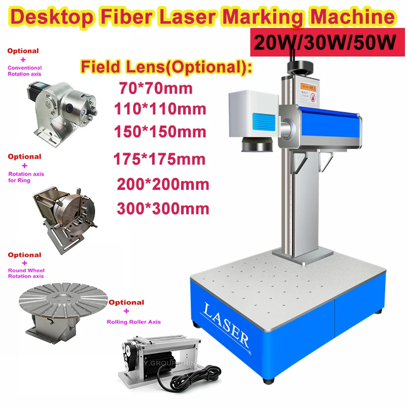 

20W 30W 50W Raycus Metal Stainless Steel Fiber Laser Marking Machine with Rotary Axis for Nameplate PVC Plastic Marking Engraver