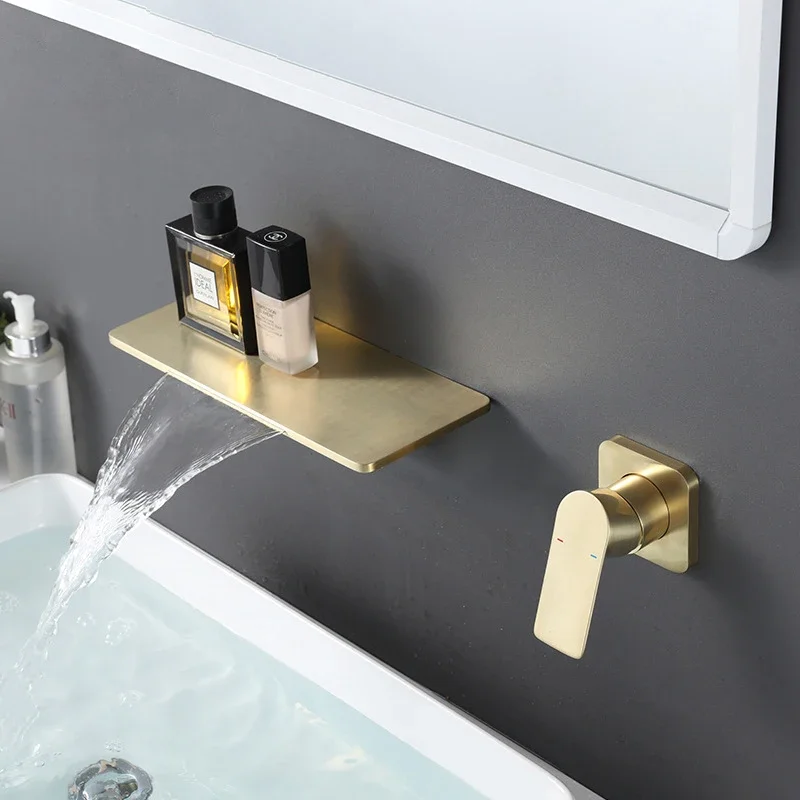 

Brushed Gold Brass Basin Faucet Waterfall Output Hot and Cold Water Wall Mounted Split Independent Switch Faucet