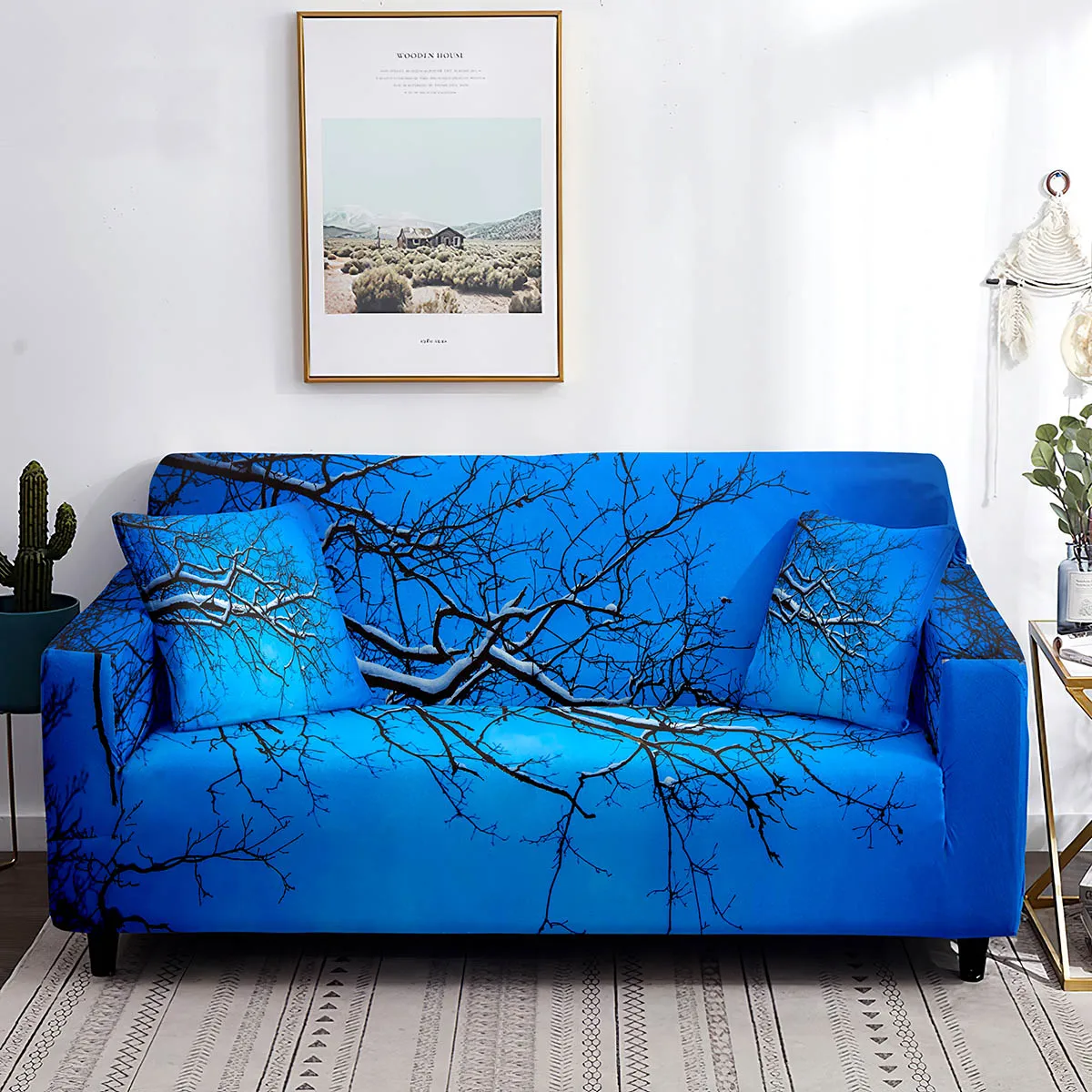 

Branch Sofa Cover for Living Room Blue Elastic Couch Covers Nature Print Combination Sofa Slipcovers 1/2/3/4 Seaters Anti-Dust