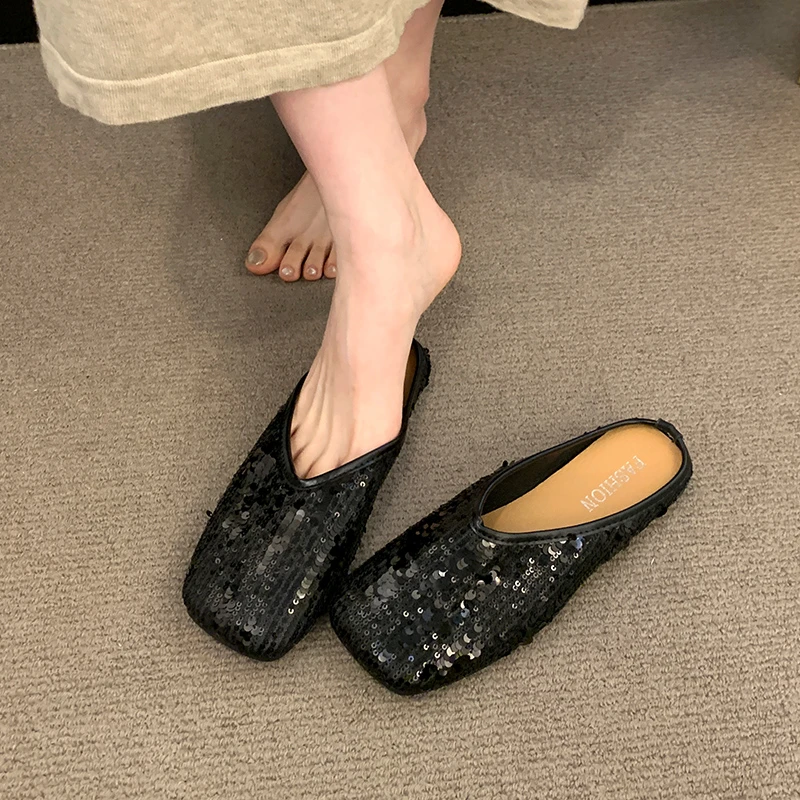 

Sequin Baotou Half Slippers Women's Shoes 2024 Spring/Summer New Low Heel Fashion Versatile Casual Women's Slippers