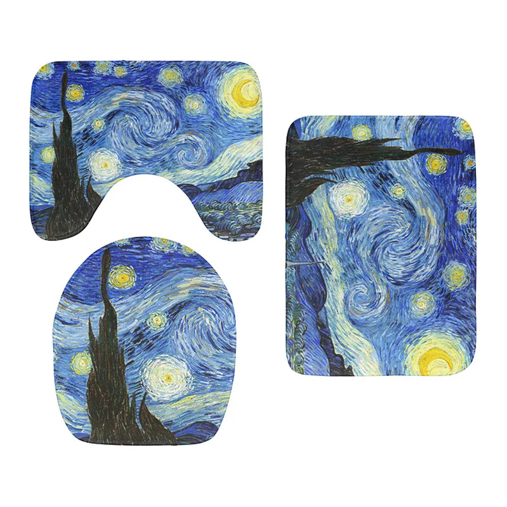 

HX Fashion Toilet Cover Set Van Gogh Oil Painting Sunflower Starry Night Toilet Mat Bath Mats Flannel Three-piece Suit