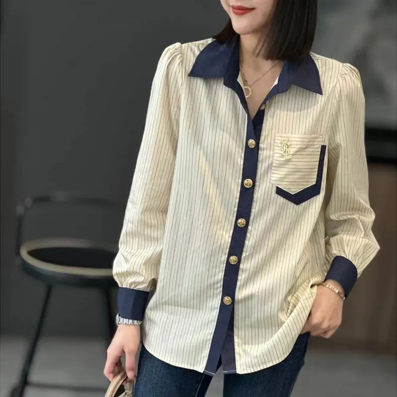 

Streetwear Striped Printed Straight Blouse Casual Turn-down Collar Stylish Patchwork Pockets Female Chic Single-breasted Shirt