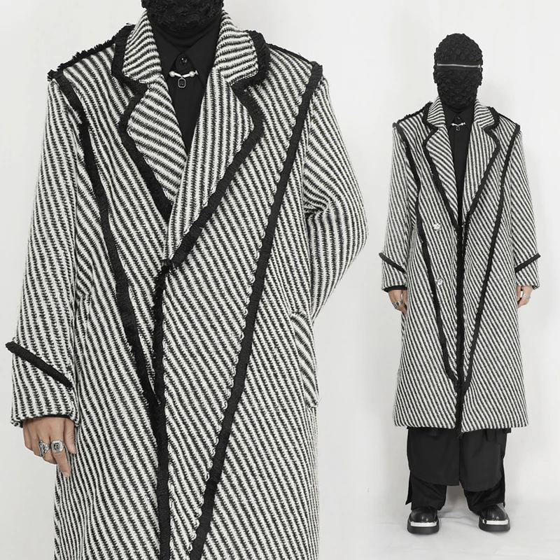 

Original men's woolen long coat with Korean weaving deconstruction, winter thickened woolen coat trend