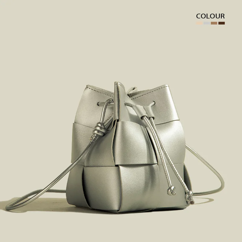 

Women's Woven Bag Silver Handbag Small Drawstring Bucket Weave Shoulder Crossbody Bags Luxury Brand Designer Female bags Bolsas
