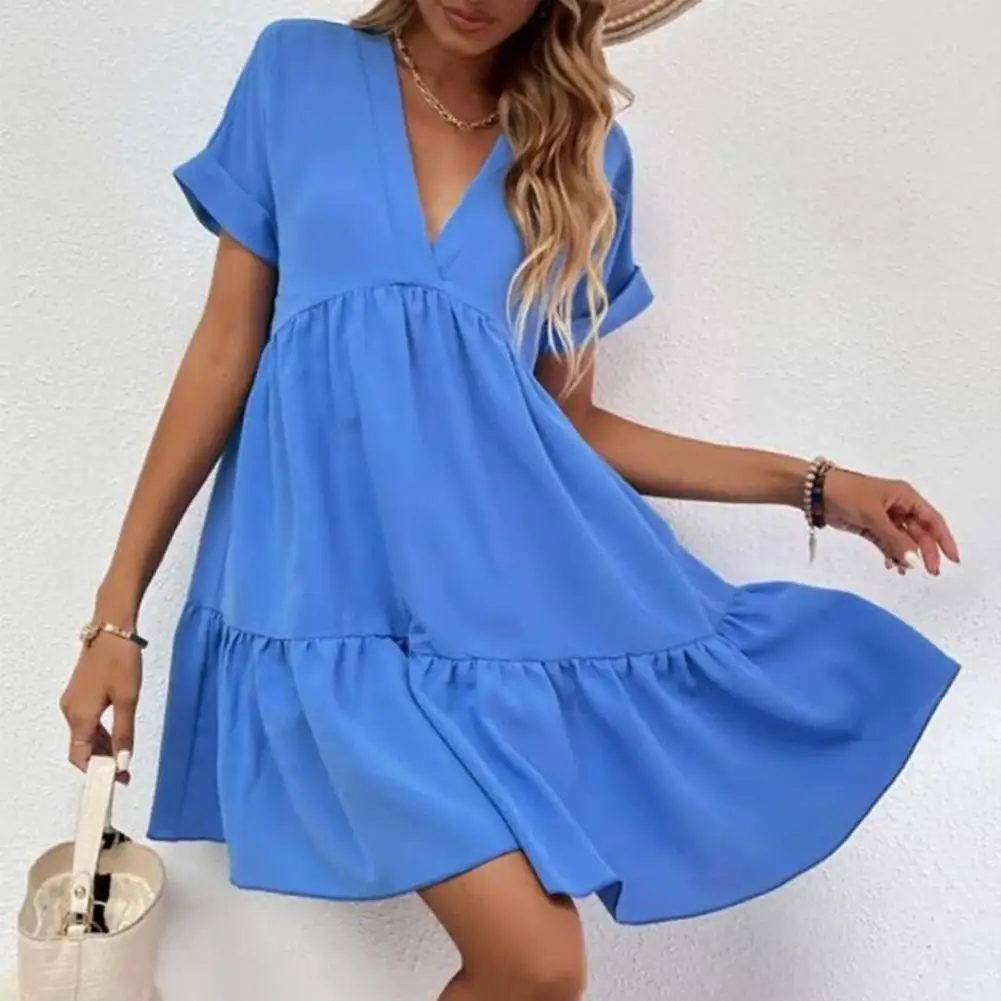

Patchwork Hem Dress Stylish V Neck Summer Dress with Short Sleeves A-line Silhouette for Women Loose Fit Big Swing for Dating