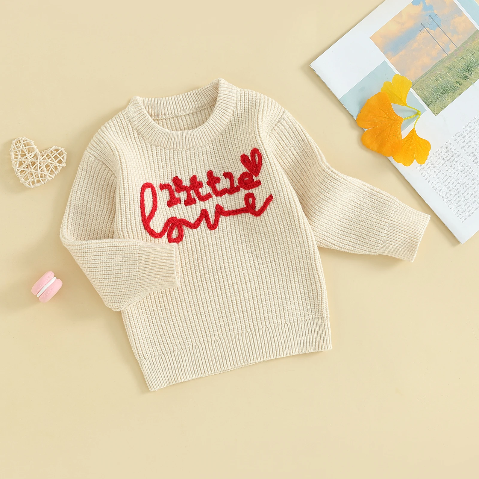 

Toddler Kids Baby Girls Valentine's Day Sweaters Letter Heart Embroidery Long Sleeve Round Neck Knitwear Pullover Tops Outwear