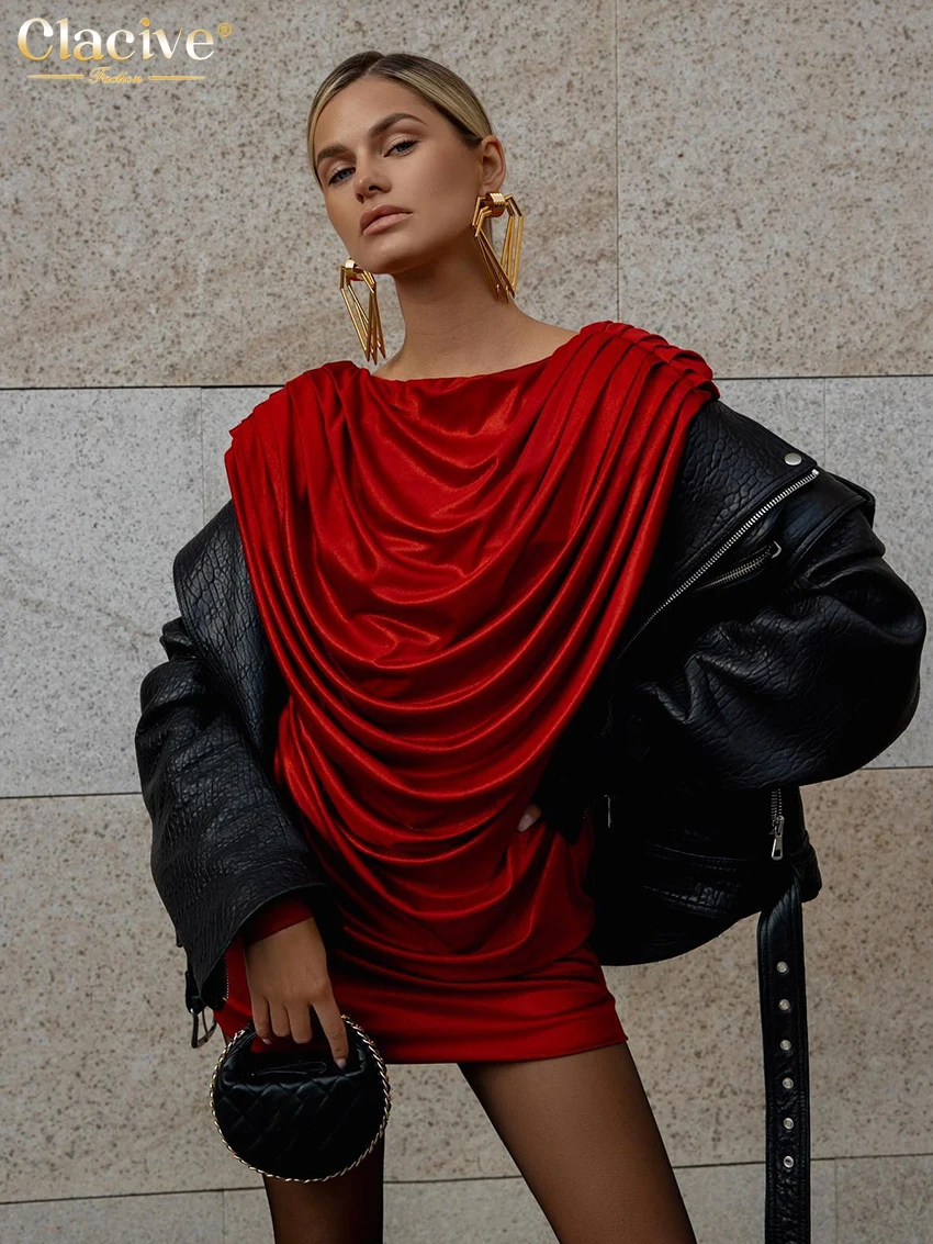

Модное свободное красное женское платье Clacive 2024, повседневные Мини-платья с круглым вырезом и длинным рукавом, элегантное классическое Плиссированное женское платье