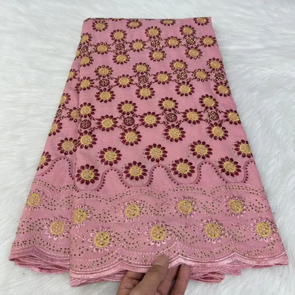 

Pink Swiss Lace Embroidered Fabric with Stones 100% Cotton Nigerian Fabrics for Sewing 5Yards African Traditional Woman Dresses