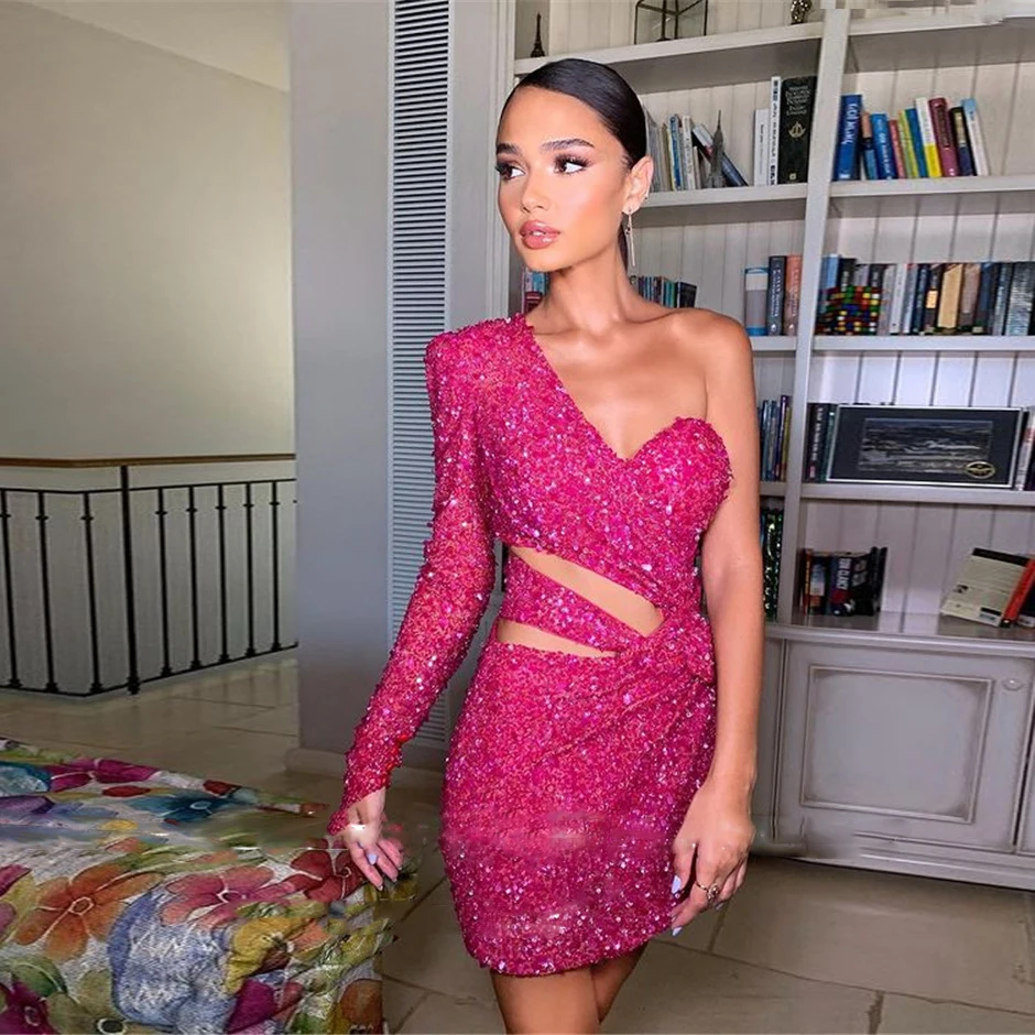 Shiny Pink Mini Short Prom Party Dresses One Shoulder Long Sleeve vestido de curto Modern Sequin Cocktail Dress
Shiny Pink Mini Short Prom Party Dresses One Shoulder Long Sleeve vestido de curto Modern Sequin Cocktail Dress