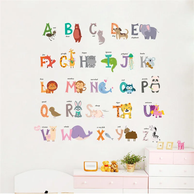 

English Alphabet With Cute Animals Wall Stickers For Kids Room Home Decoration Diy Cartoon Safari Mural Art Nursery Wall Decal