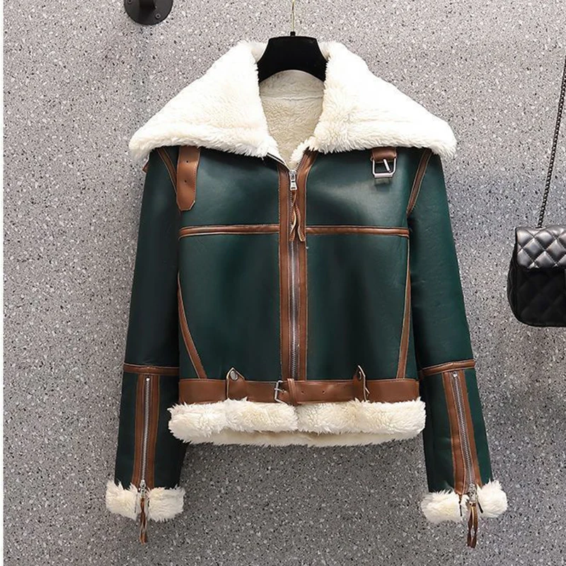

Womens Jacket 2023 Winter Clothes Green Faux Leather Stitching Motorcycle Clothing Short Coat Vintage Flocking Streetwear 4XL