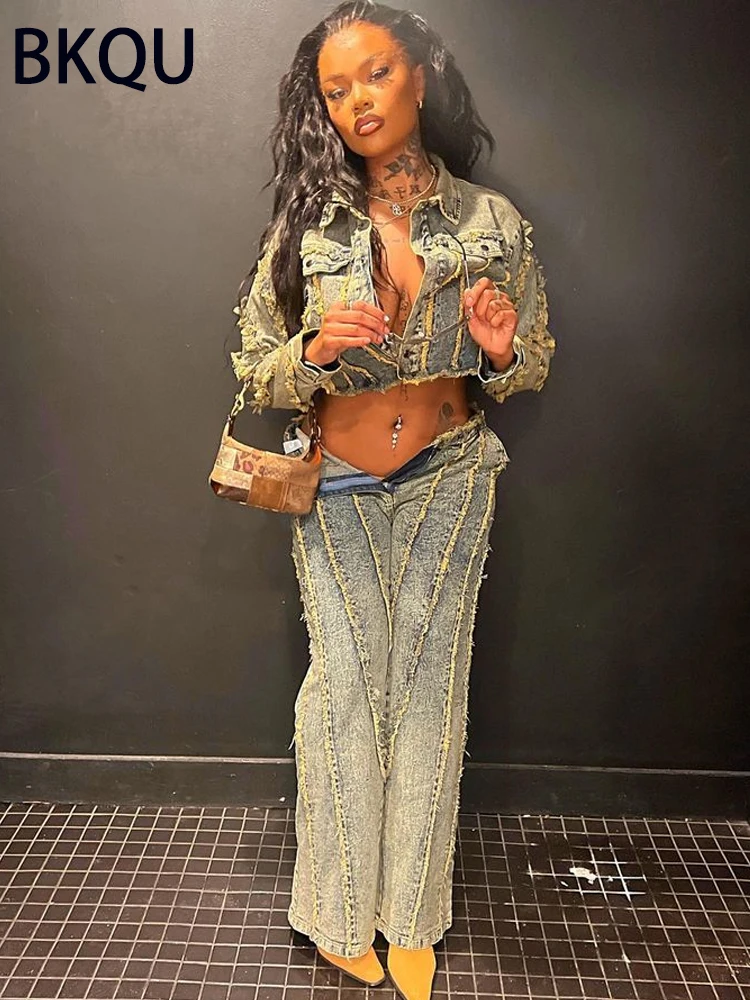 BKQU Vintage Jacket And Straight Jeans Two Pieces Set Women Button Short Jackets And High Waisted Wide leg Denim Trousers Suits
BKQU Vintage Jacket And Straight Jeans Two Pieces Set Women Button Short Jackets And High Waisted Wide leg Denim Trousers Suits