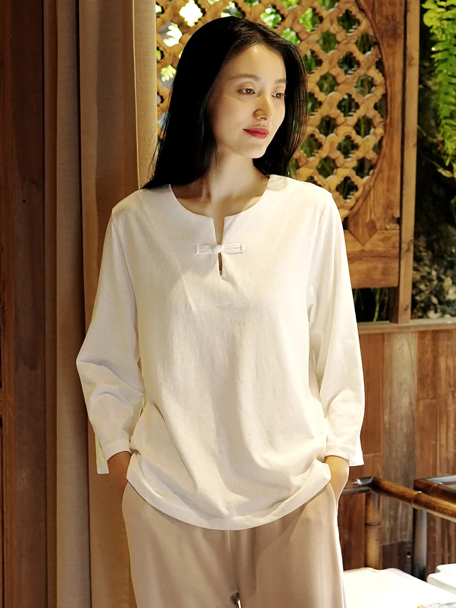 

LZJN Half collar women's Chinese button loose with solid color cotton casual seven-point sleeve T-shirt