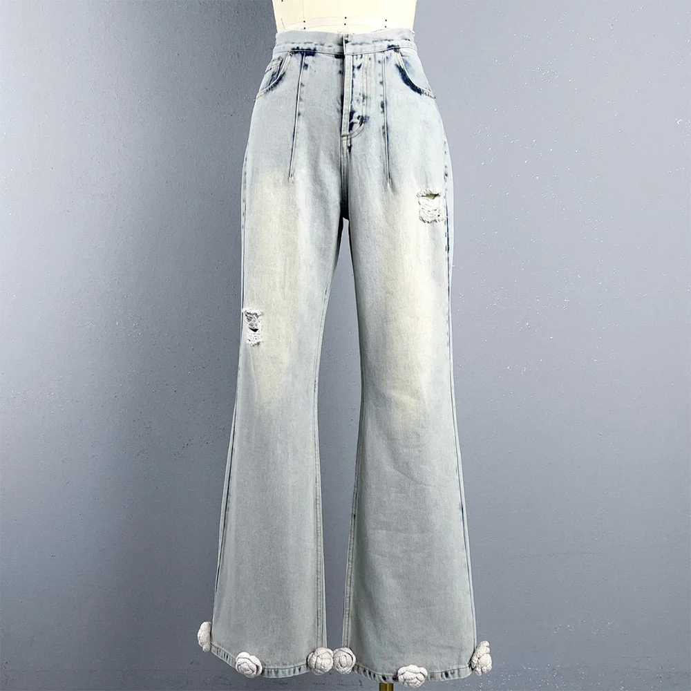 

Niche retro heavy three-dimensional flowers jeans high-waisted loose thin broken hole wide leg trousers trousers