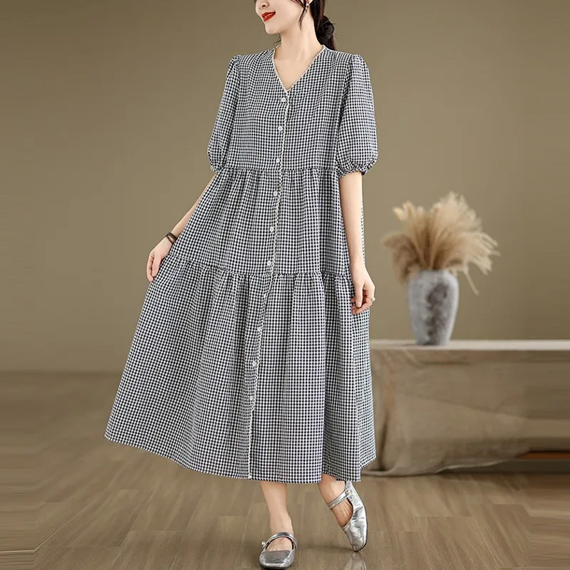 Women Casual Dress New Arrival 2024 Summer Vintage Style V-neck Plaid Pattern Loose Female High Waist A-line Long Dresses B3811
Women Casual Dress New Arrival 2024 Summer Vintage Style V-neck Plaid Pattern Loose Female High Waist A-line Long Dresses B3811