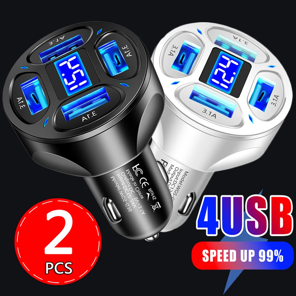 

4 Ports Car Phone charger Digital Display Fast Charging Cigarette Lighter Adapter Quick Charging Chargers For Samsung Iphone