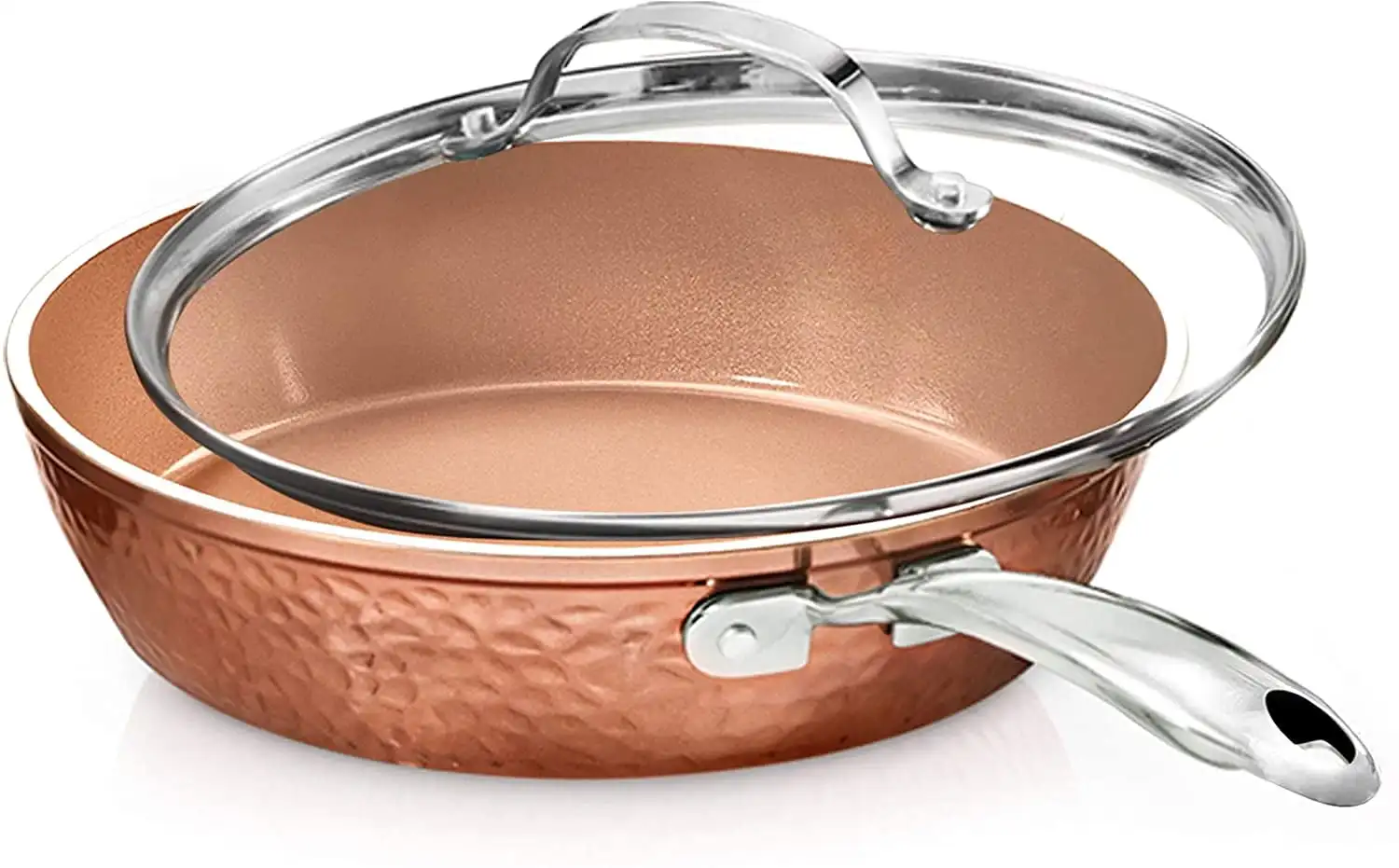 Hammered 10 inch, Non-Stick Frying Pan with Lid, Ceramic Cookware, Skillet, Premium, PFOA Free, Dishwasher Safe, Copper
Hammered 10 inch, Non-Stick Frying Pan with Lid, Ceramic Cookware, Skillet, Premium, PFOA Free, Dishwasher Safe, Copper