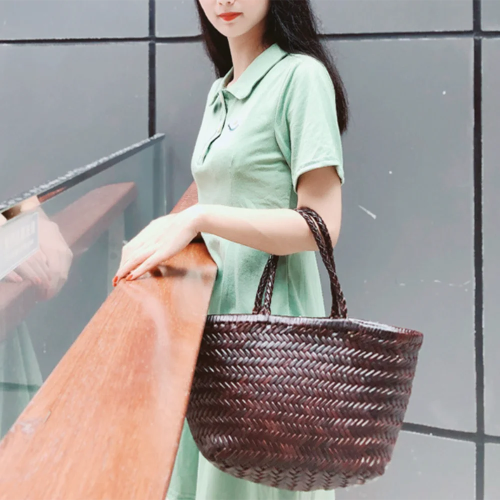

Women's Genuine Leather Tote with Inner Bag Brand Weave Casual Shopping Shoulder Bag Vintage Tote Purse Cowhide Cross Hand Bags