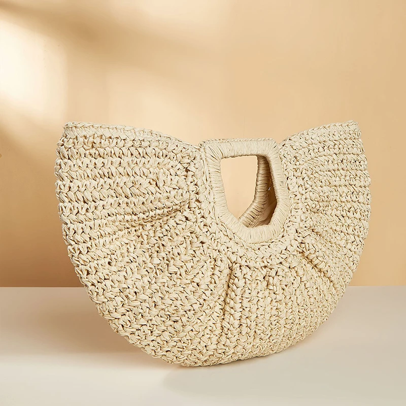 Half-Moon Woven Straw Handbag - Wooden Handle Beach Shopping Basket 14 S2cec2eed0e064d8dae283e557434a26eZ