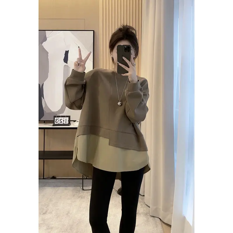 

Fashion O-Neck Spliced Fake Two Pieces Blouses Women's Clothing 2023 Autumn Winter Loose Casual Pullovers Asymmetrical Shirts