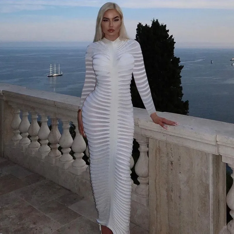 Sexy Knitted White Maxi Dress Women O Neck Long Sleeve Ruched See Through Beach Cover Up Skinny Elastic Bodycon Vestidos
Sexy Knitted White Maxi Dress Women O Neck Long Sleeve Ruched See Through Beach Cover Up Skinny Elastic Bodycon Vestidos