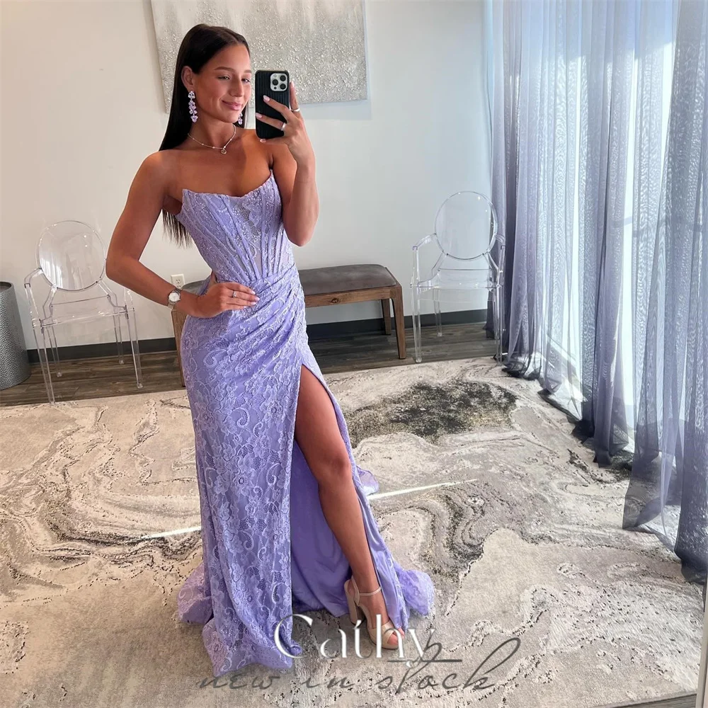 

Cathy Lavender Mermaid Prom Dresses Lace Embroidery Evening Dress Elegant Off Shoulder Side Split Long Train vestidos de fiesta