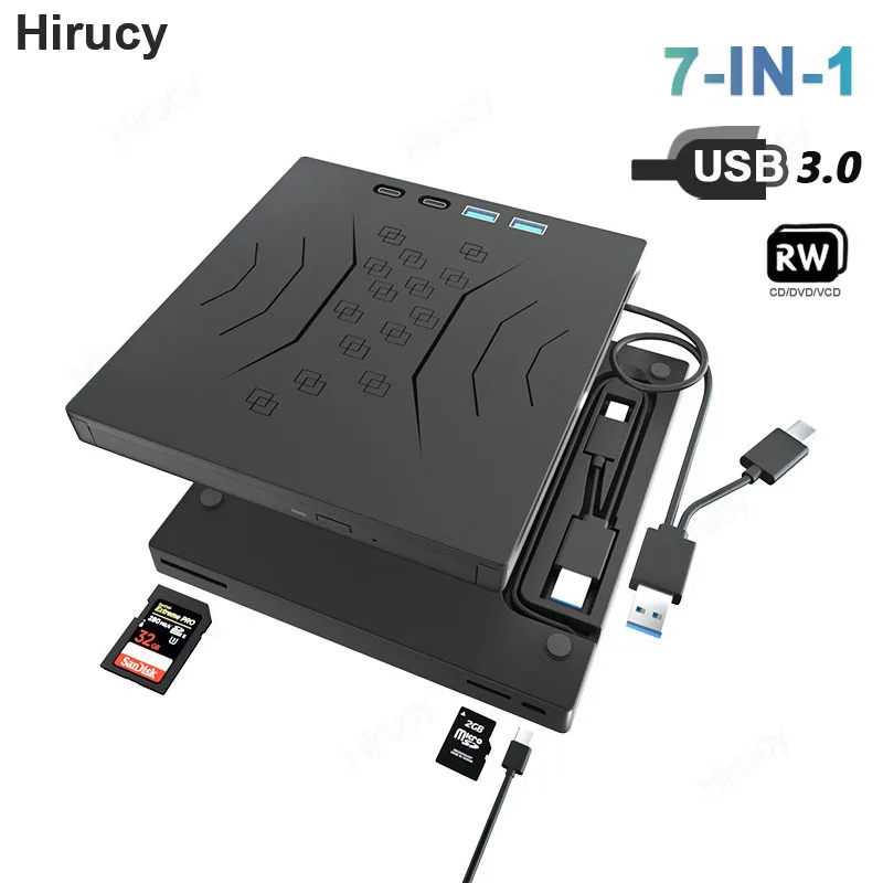 

7-in-1 External DVD Optical Drive Portable CD DVD -/+RW Player with USB3.0 USB-C SD TF Card Slots DVD Burner for Laptop PC