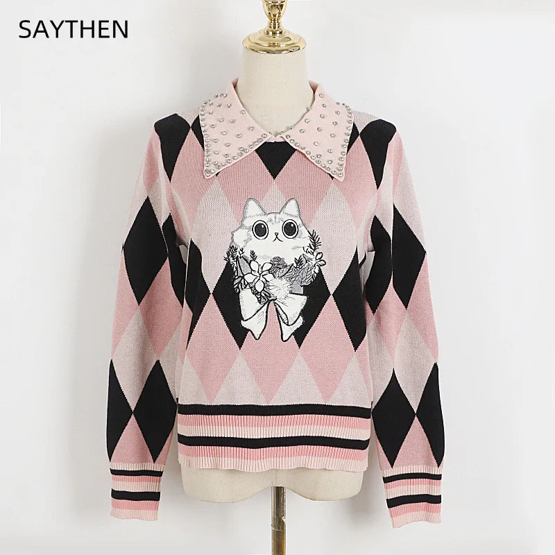 

SAYTHEN Diamond Embellished Lapel Argyle Top Women Autumn Winter New Color Cartoon Contrast Embroidered Cat Puff Sleeve Sweater