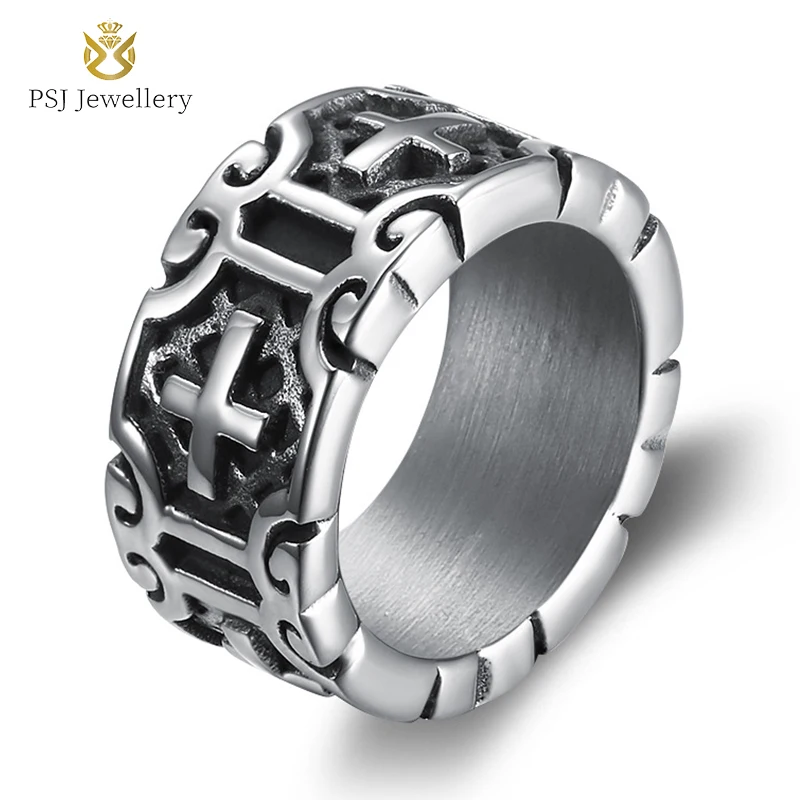 

PSJ Fashion Punk Style Male Jewelry 8mm Cross Engraved Titanium Stainless Steel Finger Rings for Men Wedding