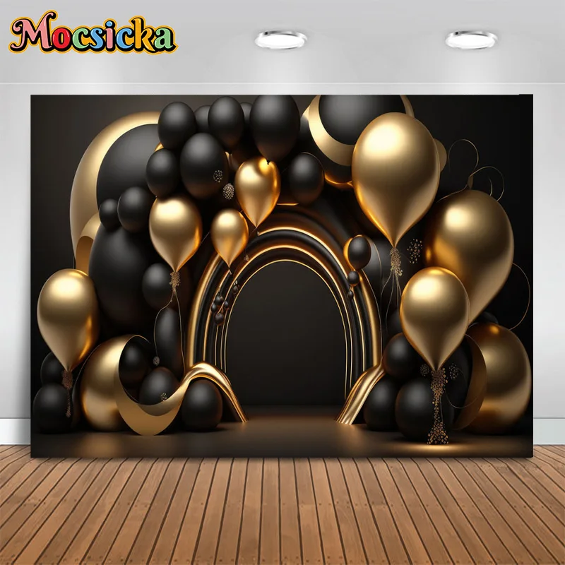 

Mocsicka Portia Style Photography Background Gold Black Balloon Backdrop Birthday Party Cake Smash Portrait Photo Studio Banner