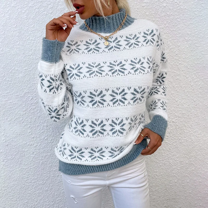 

2024 Autumn/Winter New Product European and American Women's Knitwear Half High Collar Christmas Snowflake Sweater Women's Top