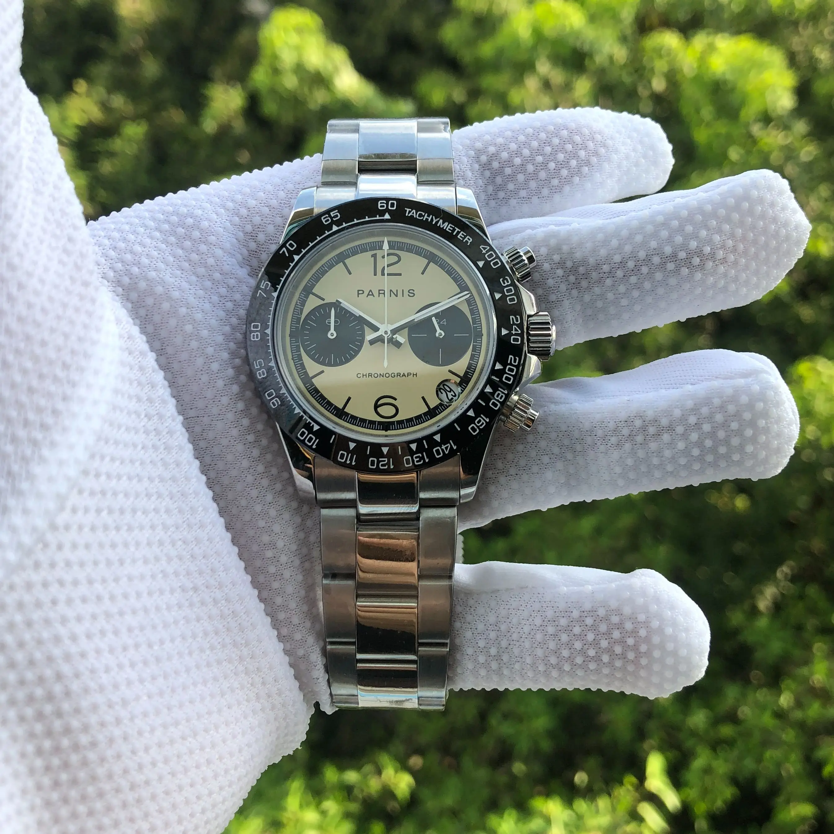 

Fashion Parnis 39mm Yellow Dial Men Quartz Chronograph Watch Sapphire Glass VK64 Movement Waterproof Wristwatches reloj hombre