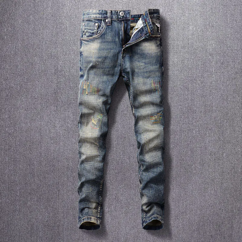 

Fashion Designer Men Jeans High Quality Retro Washed Blue Stretch Slim Ripped Jeans Men Embroidery Patched Vintage Denim Pants