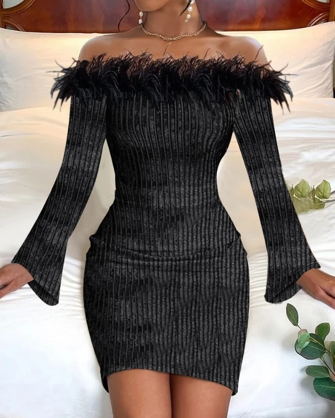 

Hot Selling New Popular Women's Casual Off Shoulder Feather Detail Velvet Tight Fitting Dress In Stock