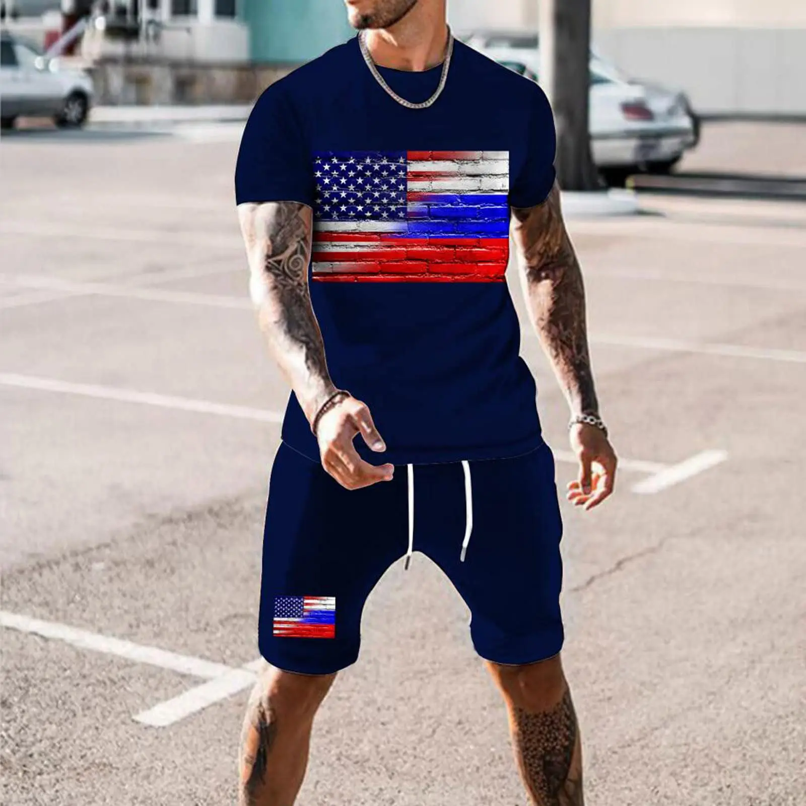 

Комплект одежды мужской с коротким рукавом и шортами, модная дышащая Ретро Одежда большого размера с принтом американского флага, спортивная одежда для бега, лето