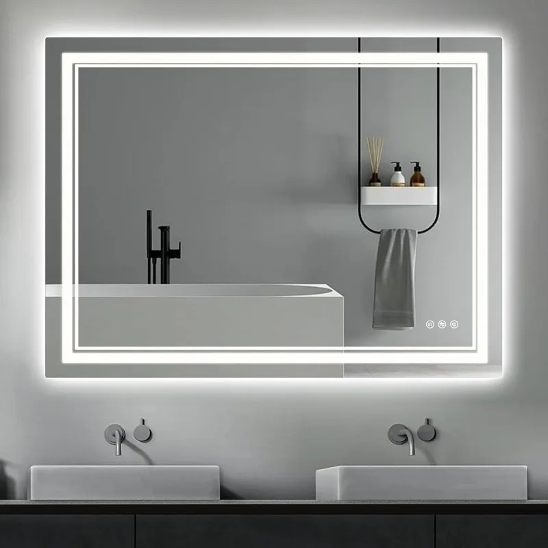 

LED Bathroom Mirror with Front and Backlit, Vanity Mirror with Stepless Dimmable Double Lights, Large Wall Mirror, Anti-Fog,