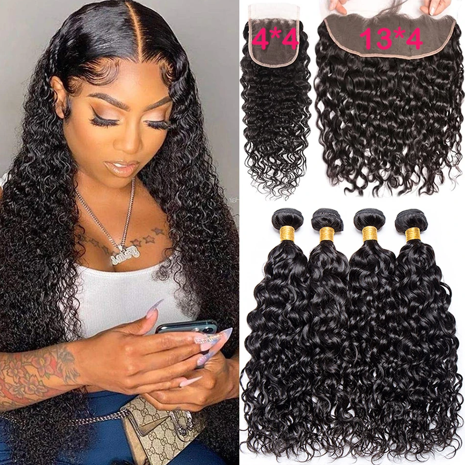 

30 32 Inch Water Wave Human Hair Bundles With Closure 13x4 Lace Frontal with Bundles Wet and Wavy Wet and Wavy Curly Human Hair