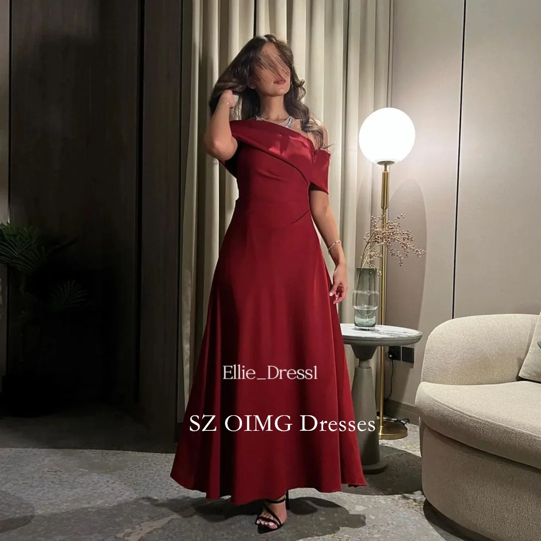 

OIMG Vintage One-Shoulder Crepe Satin Women Ruched A-Line Prom Dresses Red Short Sleeves Evening Gowns 2023 Formal Party Dress