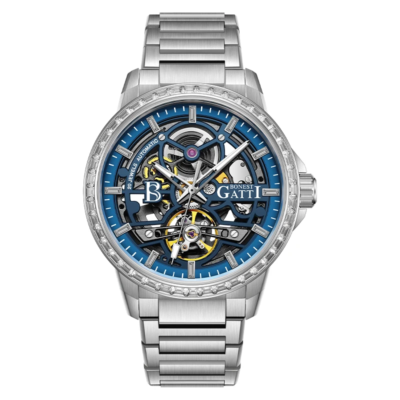 

BONEST GATTI Men Automatic Watch 42mm Luxury Mechanical Wristwatch 5ATM Waterproof Sapphire Luminous Skeleton Flywheel Dial